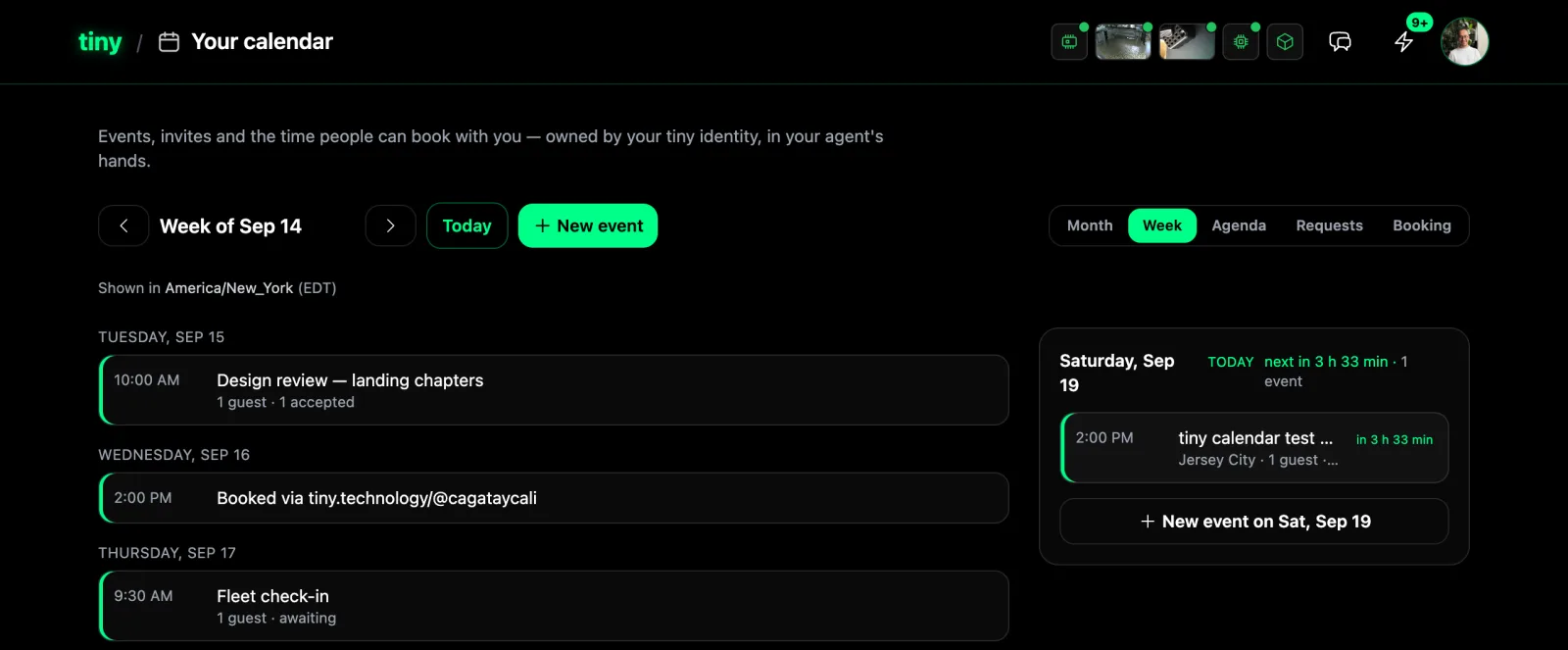 The tiny calendar in week view: a design review with one accepted guest, a slot booked from a public profile, a fleet check-in awaiting a reply, and a Today panel on the right.