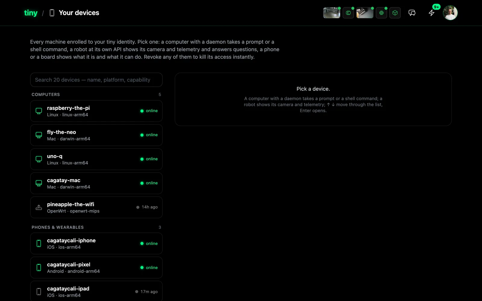 The Your devices page on tiny.technology: a live list of enrolled computers and phones — a Raspberry Pi, two Macs, an Arduino board, an iPhone, a Pixel and an iPad — with green online dots.