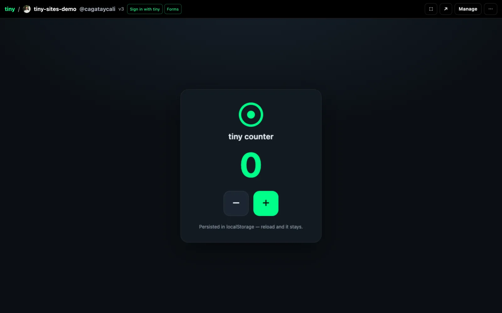 A tiny site open in the tiny.technology viewer: a small counter app named tiny-sites-demo at version 3, with minus and plus buttons.