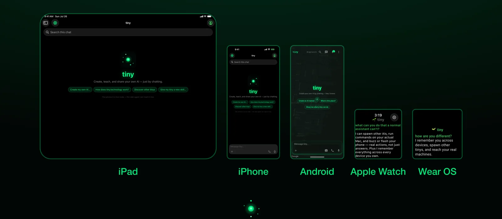 The same tiny chat open on an iPad, an iPhone, an Android phone, an Apple Watch and a Wear OS watch.