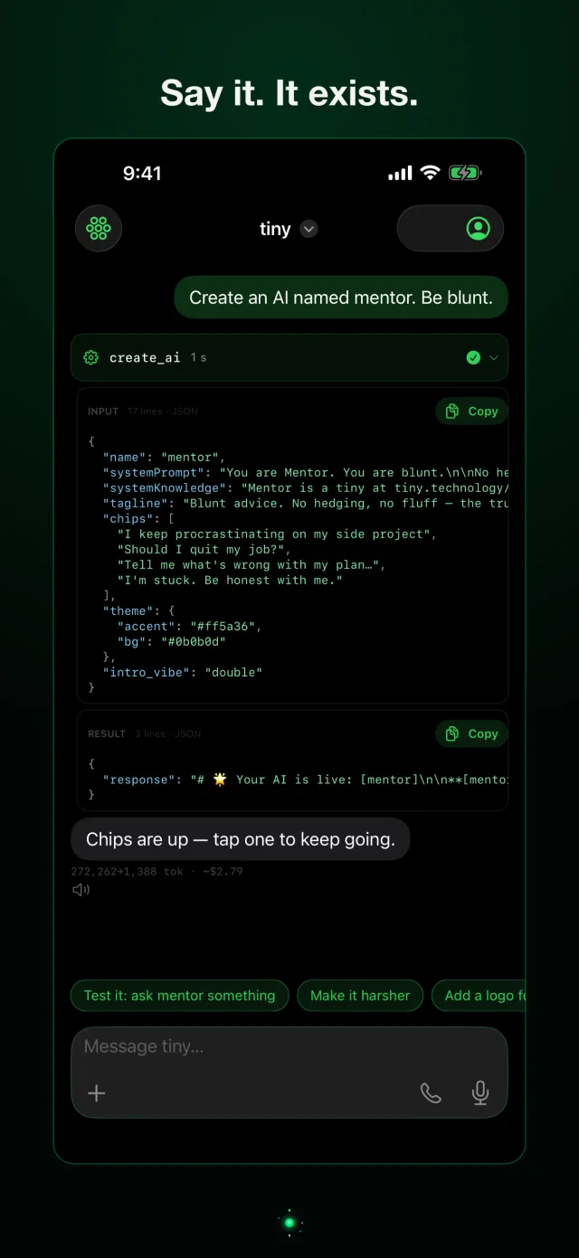 tiny on iPhone: the prompt “Create an AI named mentor. Be blunt.” and the create_ai tool card that made it