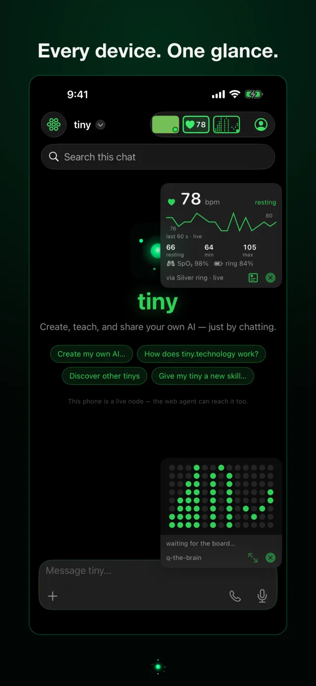 tiny on iPhone: live top-bar tiles — heart rate from the ring and a robot's LED matrix
