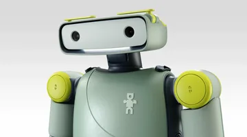 Fauna Sprout render: a small sage-green biped with a wide visor face and yellow shoulder pads