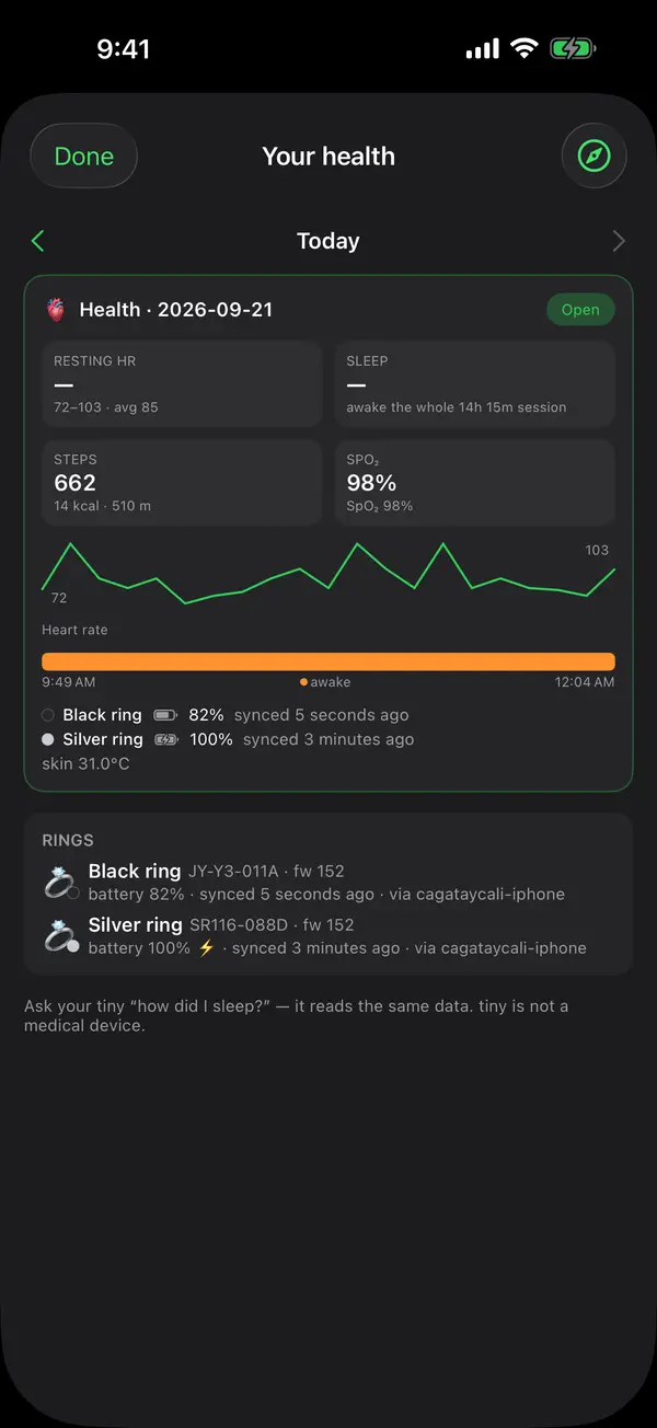 Your health on iPhone: today’s heart-rate trace, sleep and steps from the paired ring, two rings listed below.