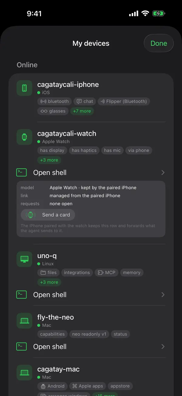 My devices on iPhone: iPhone, Apple Watch, uno-q, fly-the-neo and a Mac online, each with its capability chips and an Open shell row.