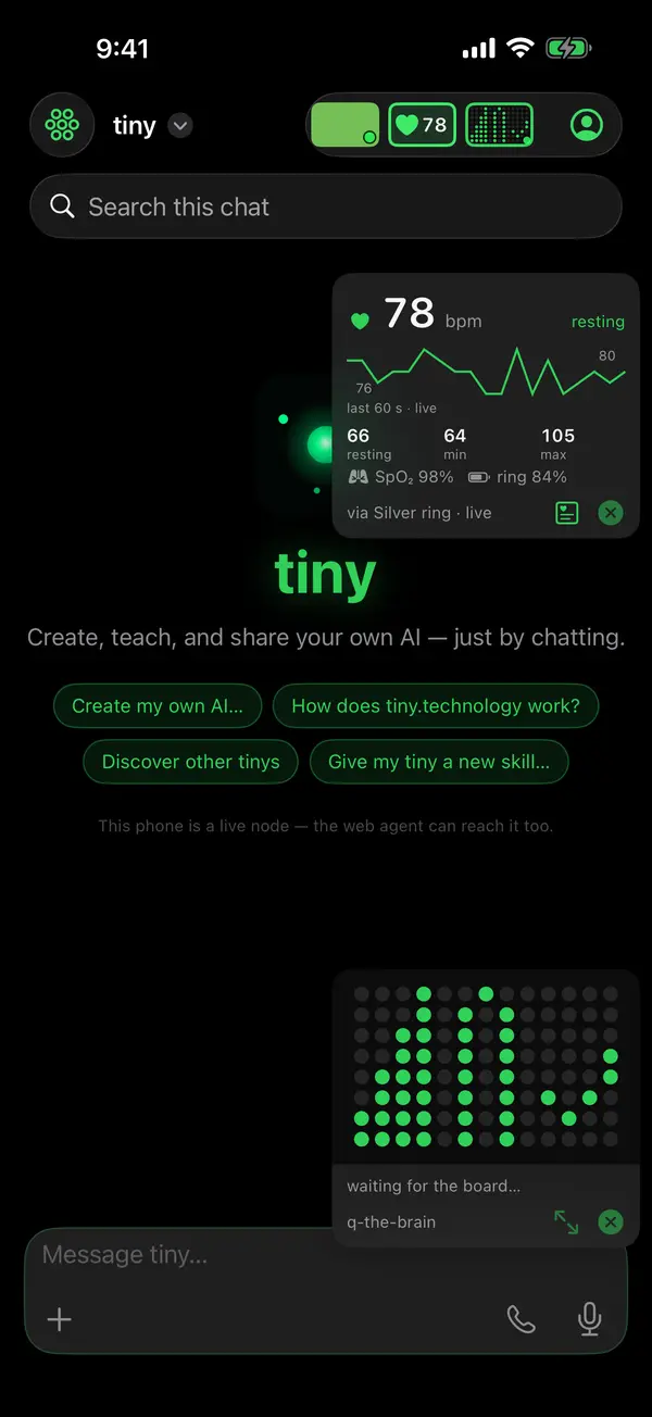 The iPhone chat with live body tiles in the top bar: a heart-rate tile reading 78 and an LED matrix tile.