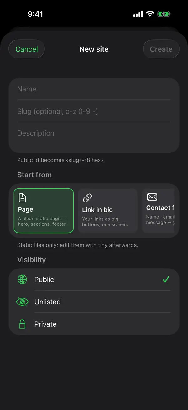 New site on iPhone: name, description, the Start-from template gallery and Public, Unlisted, Private visibility.