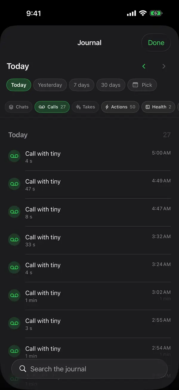 Journal on iPhone filtered to Calls: a column of Call with tiny rows with their times.