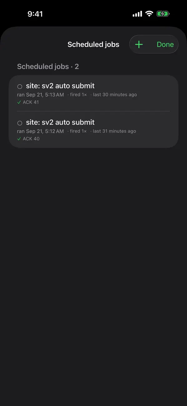 Scheduled jobs on iPhone: two recurring jobs with their next run times.