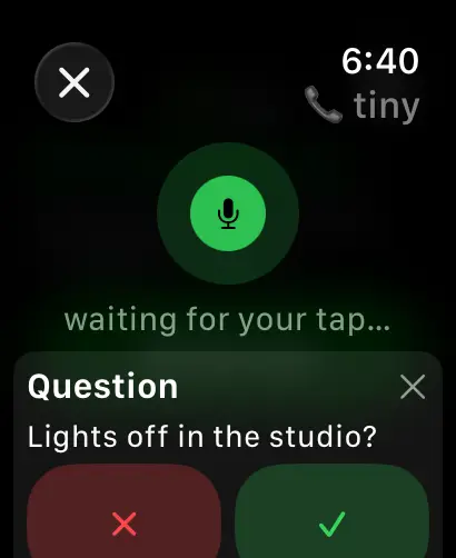 tiny on an Apple Watch Ultra: the ask screen with the microphone lit and a Question card, Lights off in the studio?