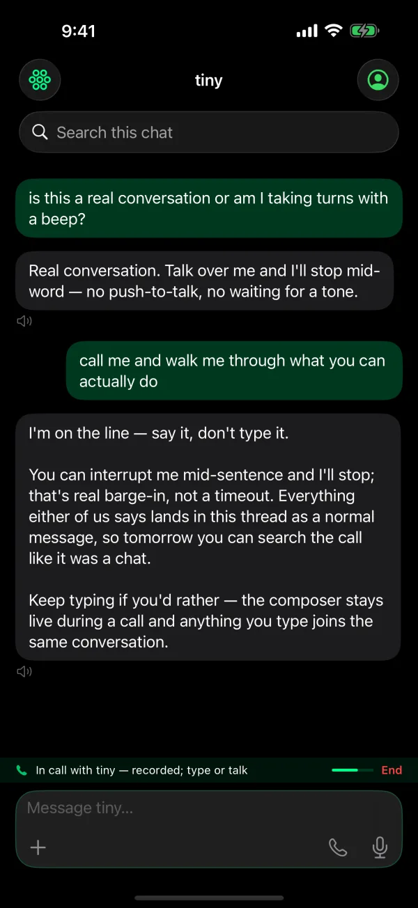 The iPhone chat during a call: the same thread as before, tiny’s spoken lines with a speaker mark, and the green bar “In call with tiny — recorded; type or talk” above the composer.